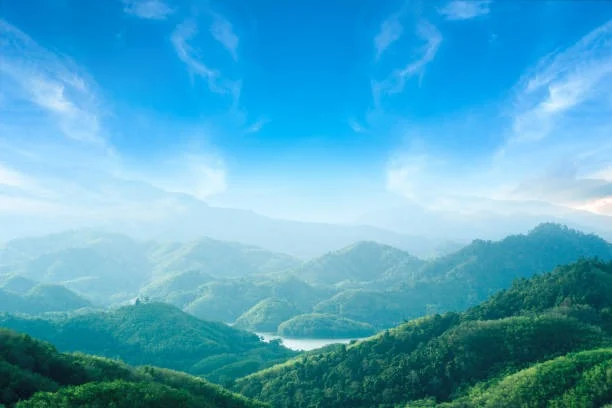 Green forested mountains under a bright blue sky