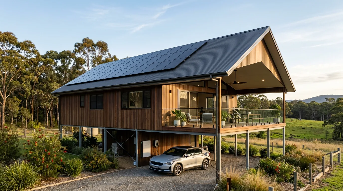 An elevated off-grid family home in regional Australia with a roof full of Talesun BIPRO solar panels